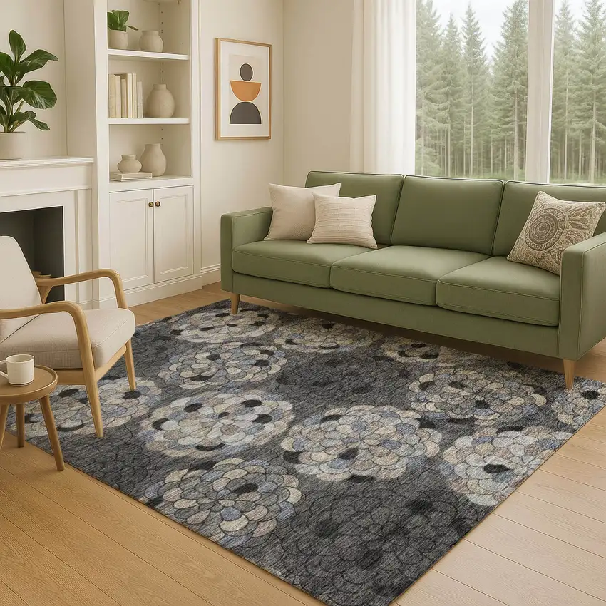 Black And Gray Floral Washable Indoor Outdoor Area Rug Photo 5