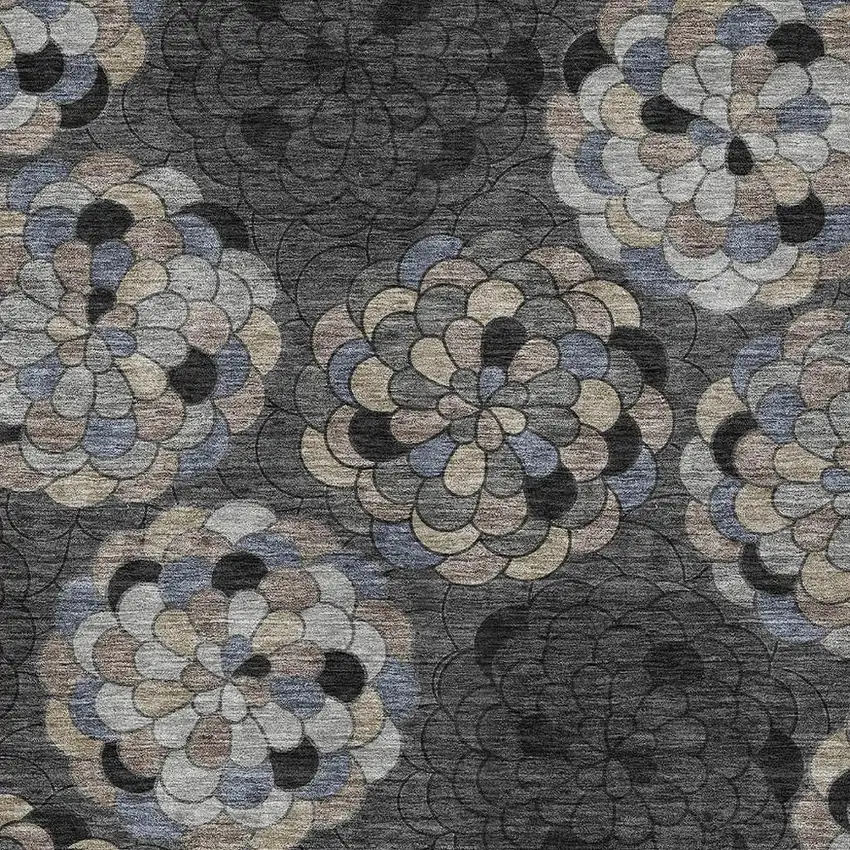Black And Gray Floral Washable Indoor Outdoor Area Rug Photo 2
