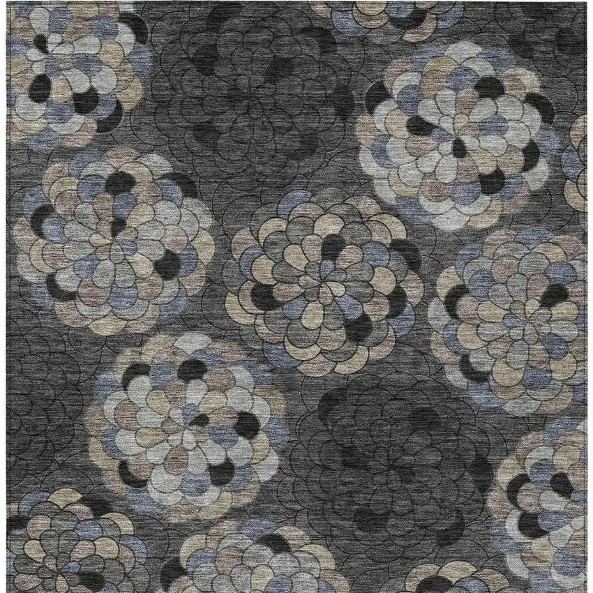 Black And Gray Floral Washable Indoor Outdoor Area Rug Photo 3