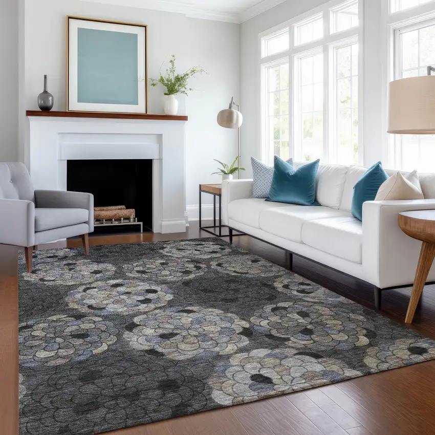 Black And Gray Floral Washable Indoor Outdoor Area Rug Photo 6