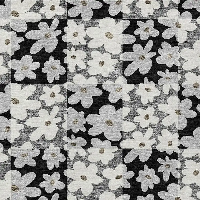Black And Gray Floral Washable Indoor Outdoor Area Rug Photo 2