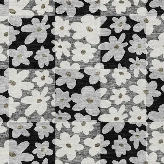 Black And Gray Floral Washable Indoor Outdoor Area Rug Photo 2
