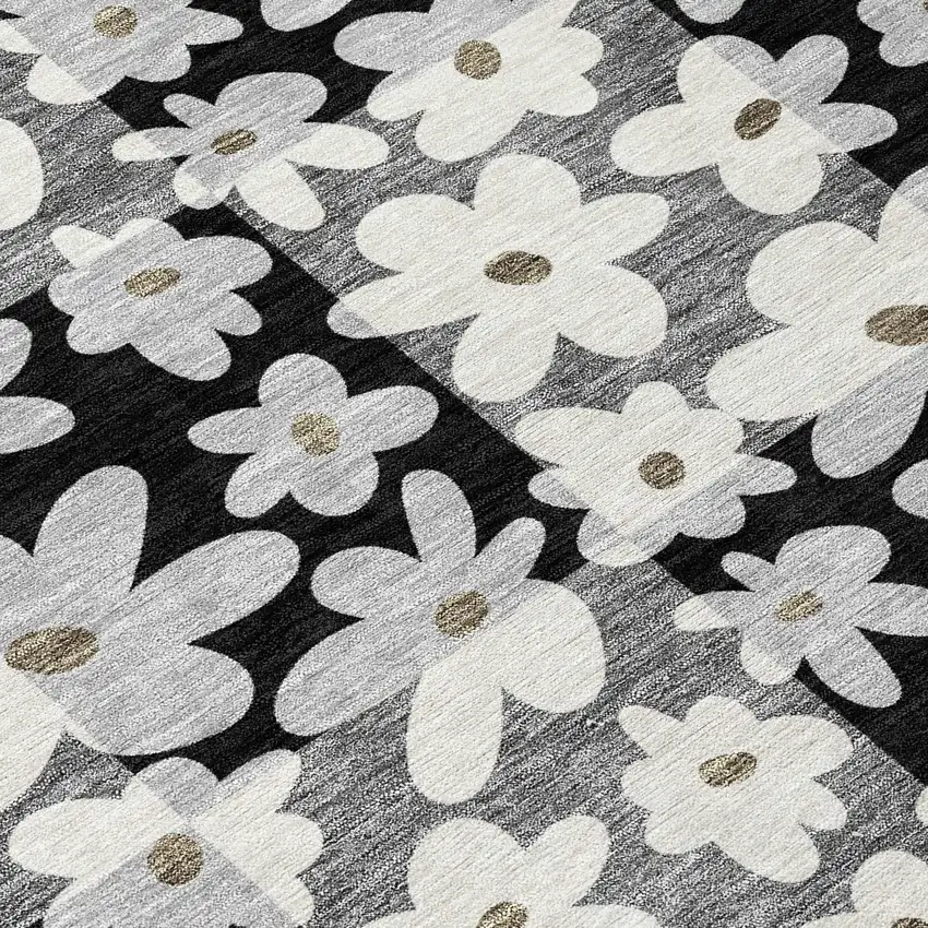 Black And Gray Floral Washable Indoor Outdoor Area Rug Photo 9
