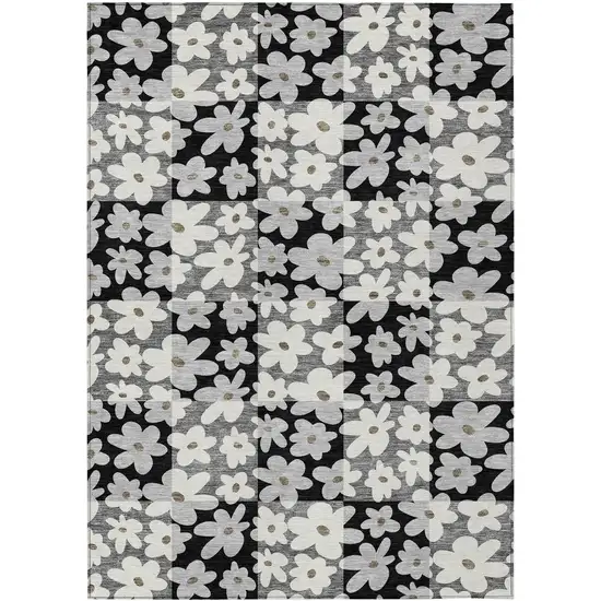 Black And Gray Floral Washable Indoor Outdoor Area Rug Photo 1