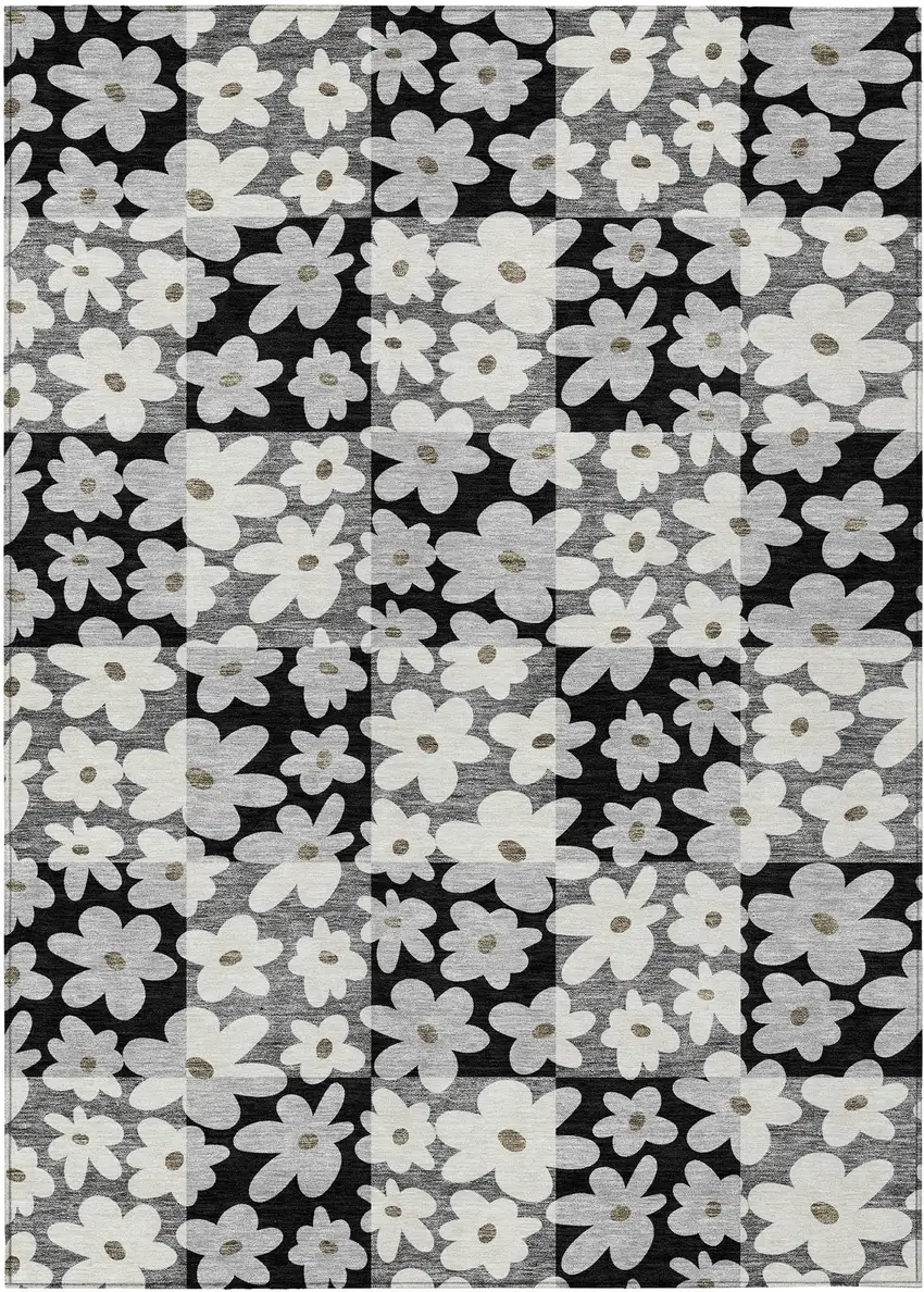 Black And Gray Floral Washable Indoor Outdoor Area Rug Photo 1