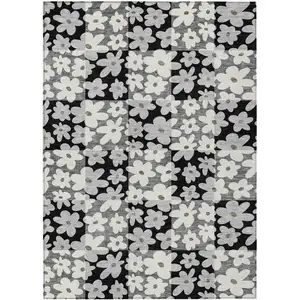 Photo of Black And Gray Floral Washable Indoor Outdoor Area Rug