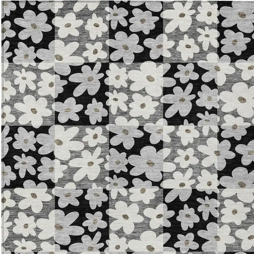 Black And Gray Floral Washable Indoor Outdoor Area Rug Photo 3