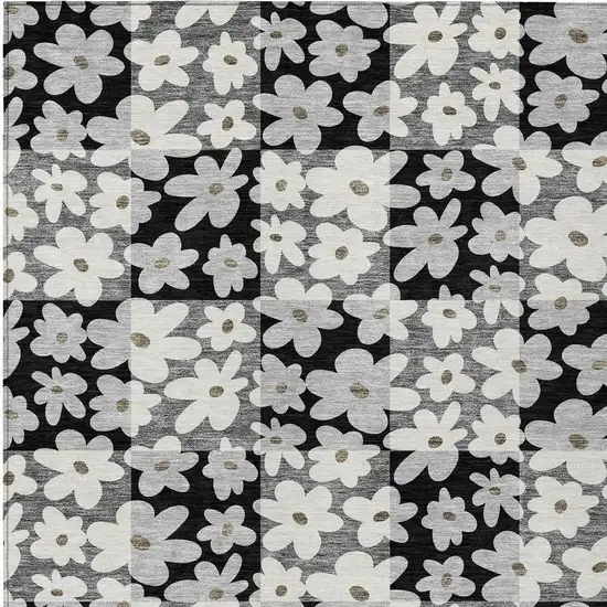 Black And Gray Floral Washable Indoor Outdoor Area Rug Photo 3
