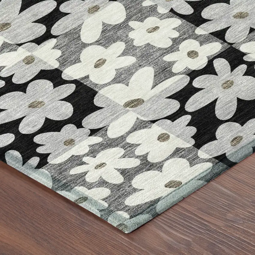 Black And Gray Floral Washable Indoor Outdoor Area Rug Photo 8