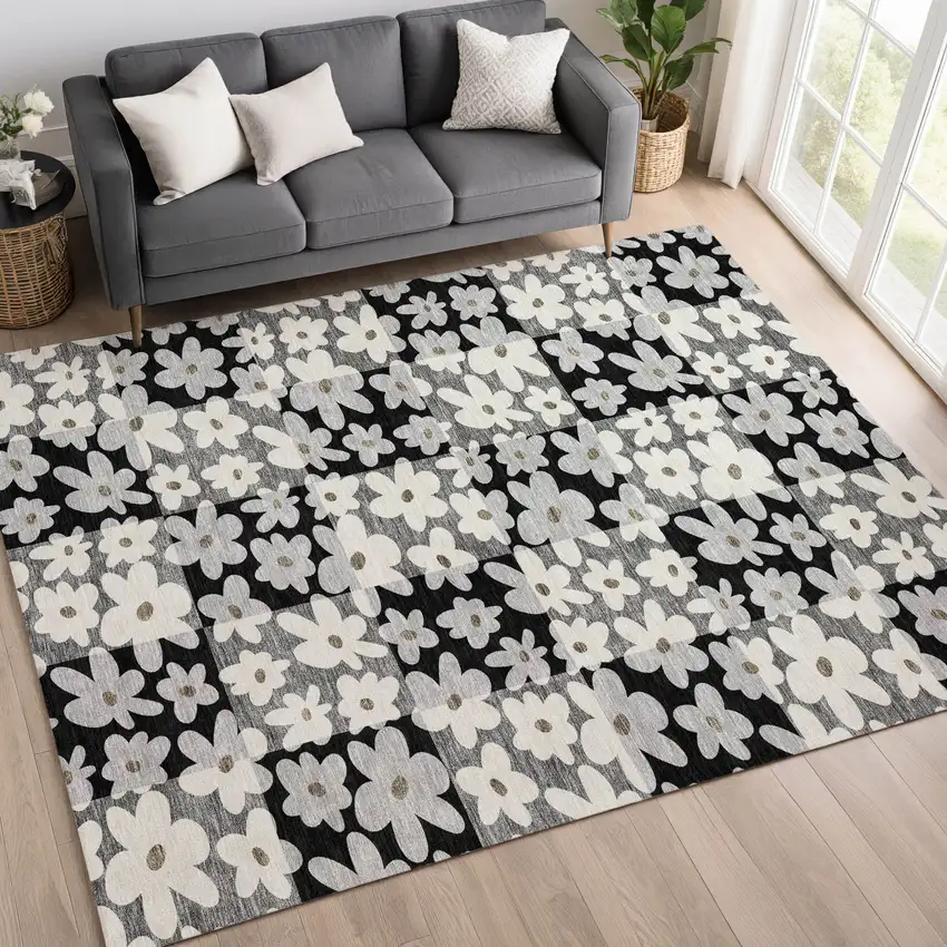 Black And Gray Floral Washable Indoor Outdoor Area Rug Photo 6
