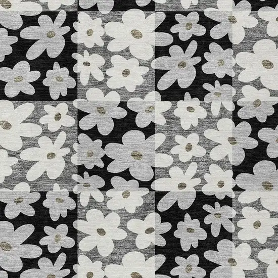 Black And Gray Floral Washable Indoor Outdoor Area Rug Photo 2