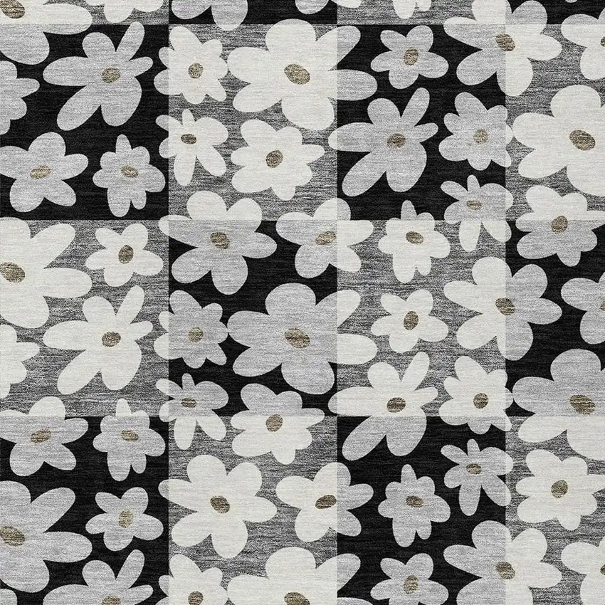 Black And Gray Floral Washable Indoor Outdoor Area Rug Photo 2