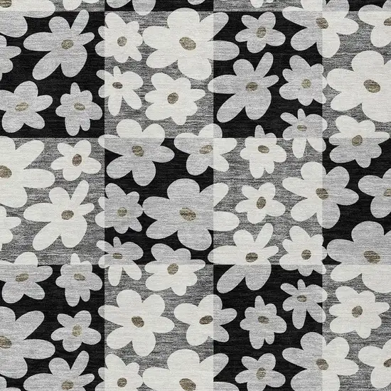 Black And Gray Floral Washable Indoor Outdoor Area Rug Photo 2