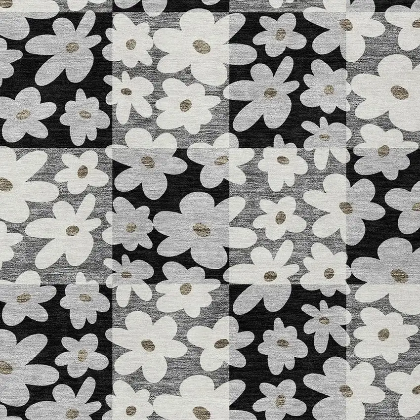 Black And Gray Floral Washable Indoor Outdoor Area Rug Photo 2