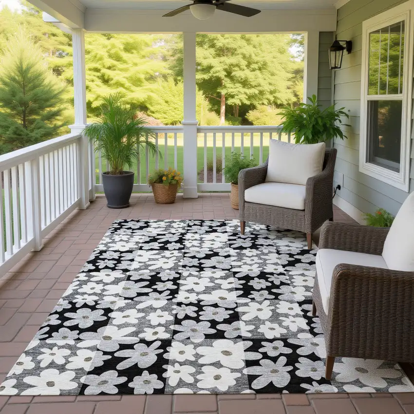 Black And Gray Floral Washable Indoor Outdoor Area Rug Photo 4