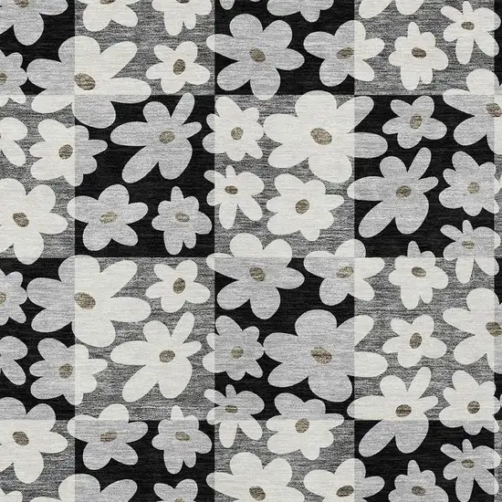 Black And Gray Floral Washable Indoor Outdoor Area Rug Photo 2