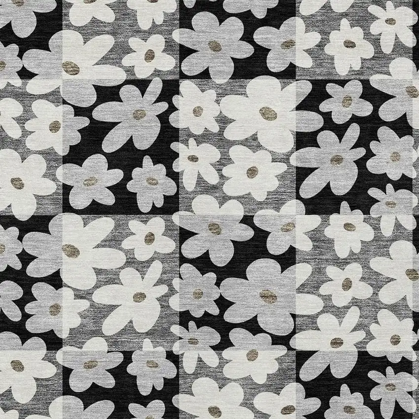 Black And Gray Floral Washable Indoor Outdoor Area Rug Photo 2
