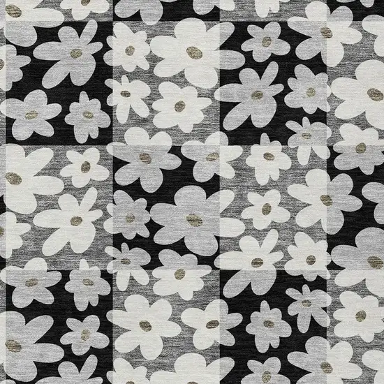 Black And Gray Floral Washable Indoor Outdoor Area Rug Photo 2