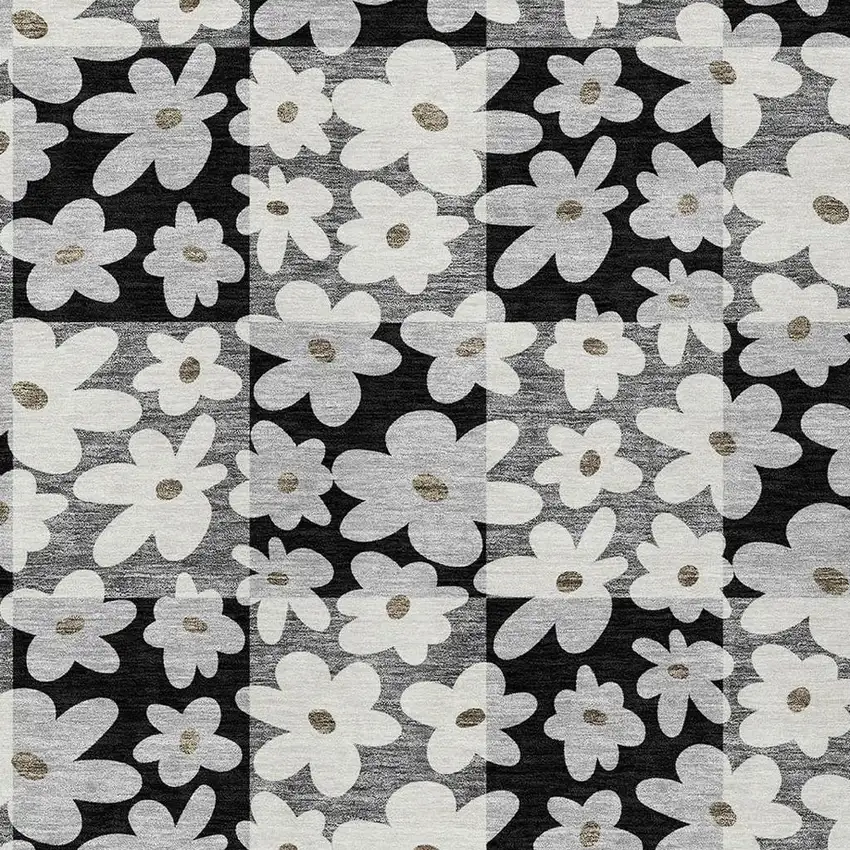 Black And Gray Floral Washable Indoor Outdoor Area Rug Photo 2
