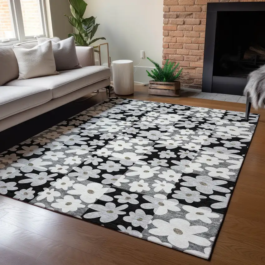 Black And Gray Floral Washable Indoor Outdoor Area Rug Photo 5
