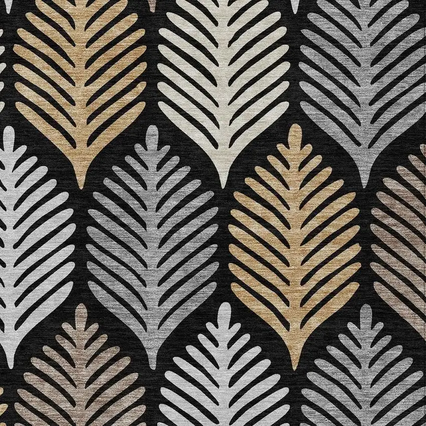 Black And Gray Floral Washable Indoor Outdoor Area Rug Photo 3