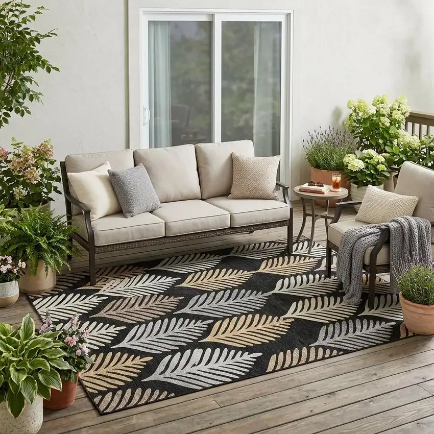 Black And Gray Floral Washable Indoor Outdoor Area Rug Photo 1