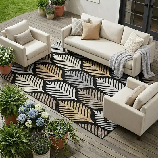 Black And Gray Floral Washable Indoor Outdoor Area Rug Photo 1