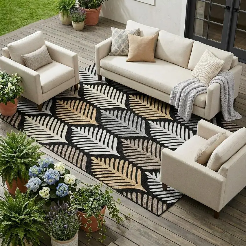 Black And Gray Floral Washable Indoor Outdoor Area Rug Photo 1