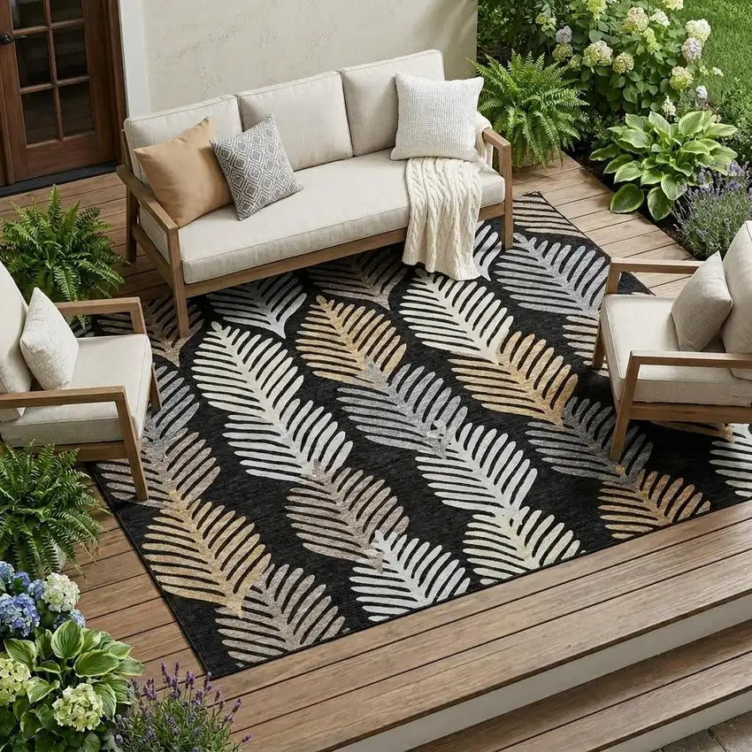 Black And Gray Floral Washable Indoor Outdoor Area Rug Photo 1