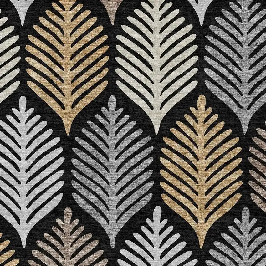 Black And Gray Floral Washable Indoor Outdoor Area Rug Photo 3