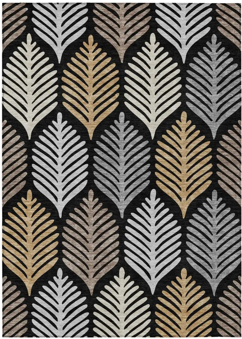 Black And Gray Floral Washable Indoor Outdoor Area Rug Photo 2