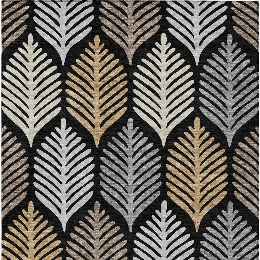 Black And Gray Floral Washable Indoor Outdoor Area Rug Photo 4