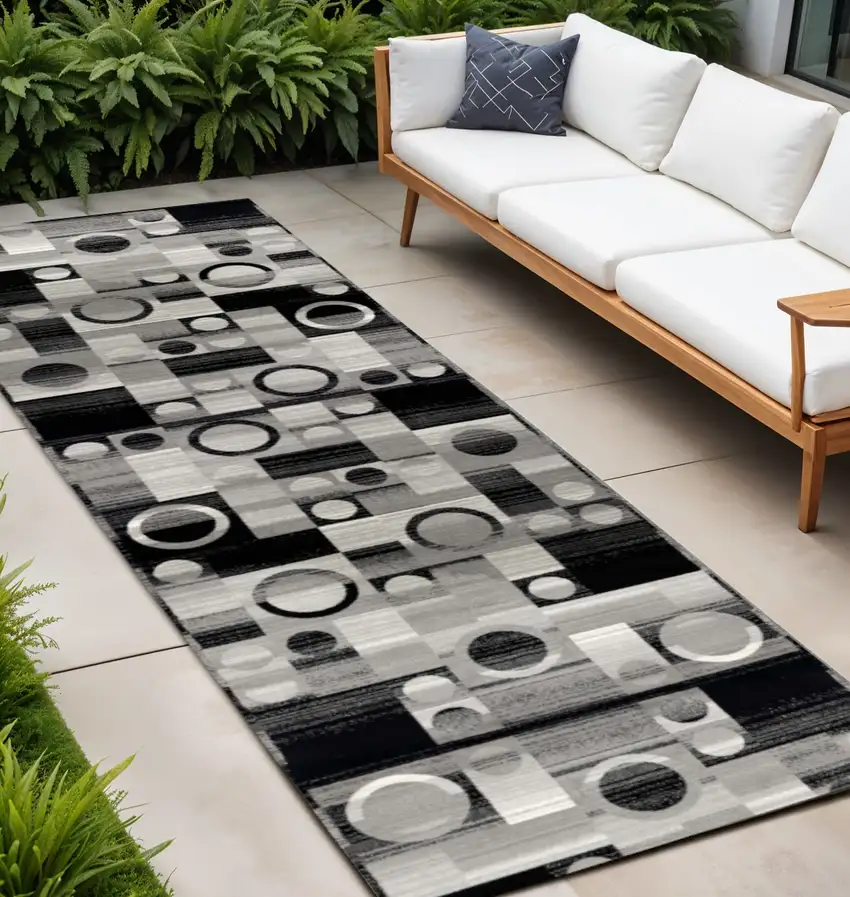 Black And Gray Geometric Runner Rug Photo 1