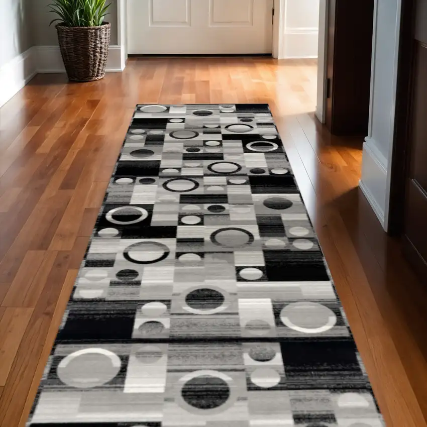 Black And Gray Geometric Runner Rug Photo 1