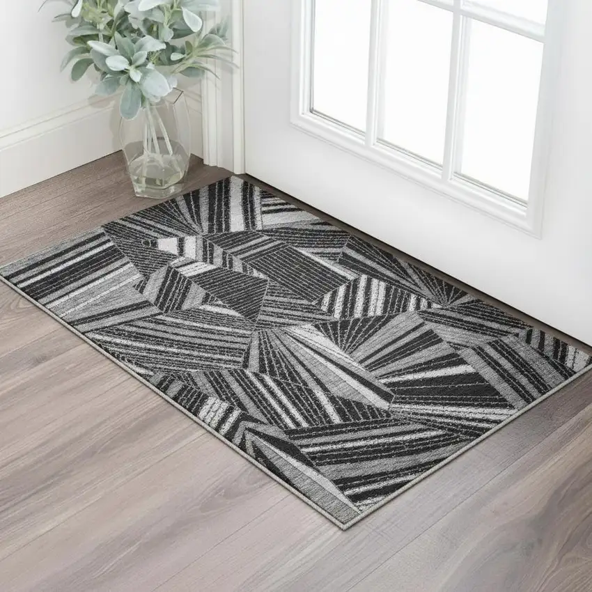 Black And Gray Geometric Washable Area Rug With UV Protection Photo 2