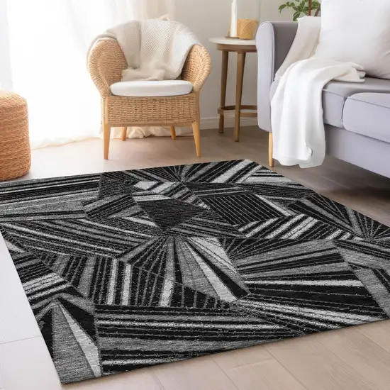 Black And Gray Geometric Washable Area Rug With UV Protection Photo 5
