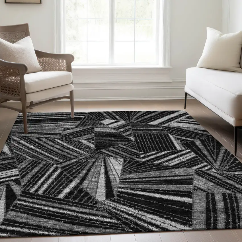 Black And Gray Geometric Washable Area Rug With UV Protection Photo 6