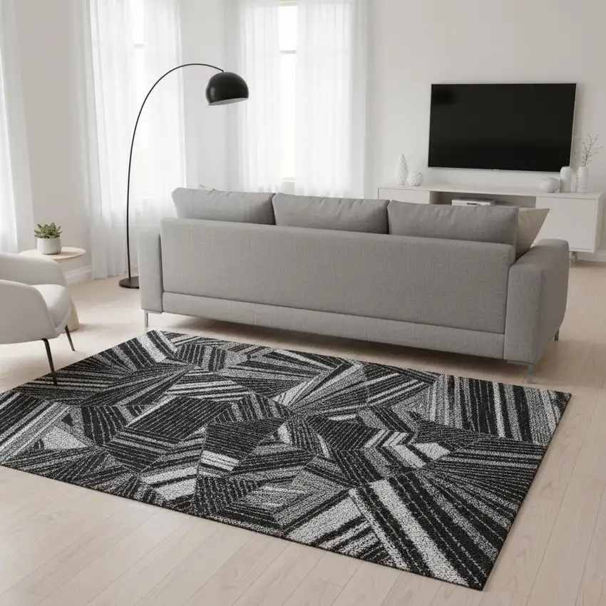 Black And Gray Geometric Washable Area Rug With UV Protection Photo 2