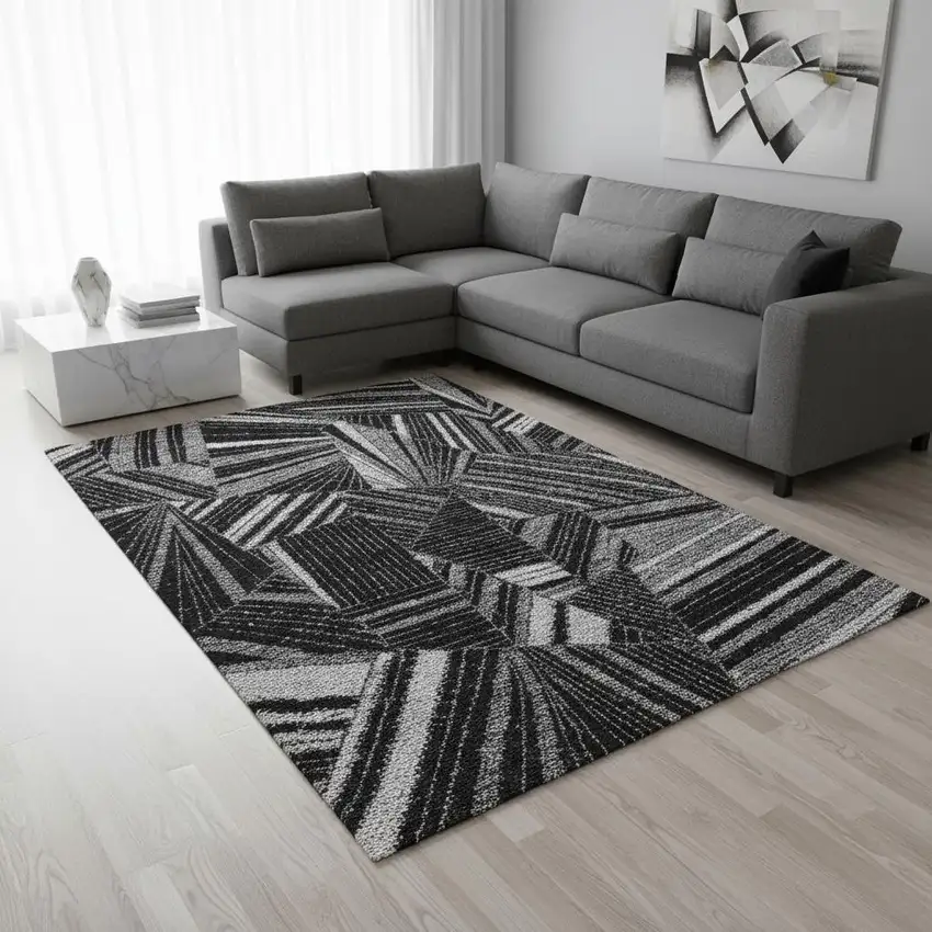 Black And Gray Geometric Washable Area Rug With UV Protection Photo 2