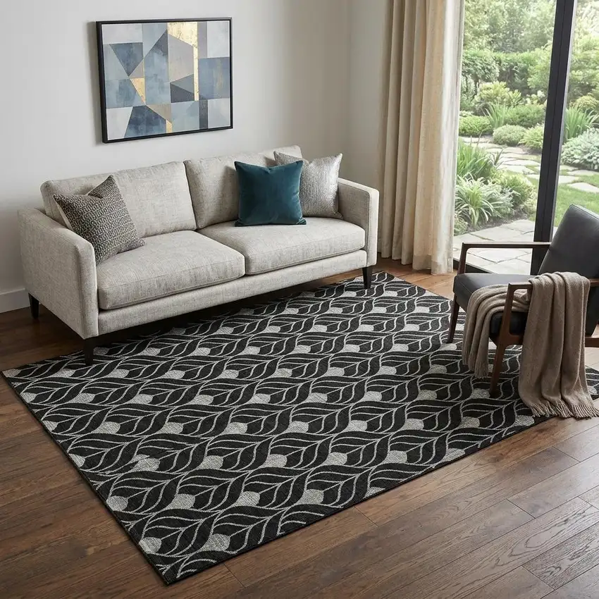 Black And Gray Geometric Washable Area Rug With UV Protection Photo 1