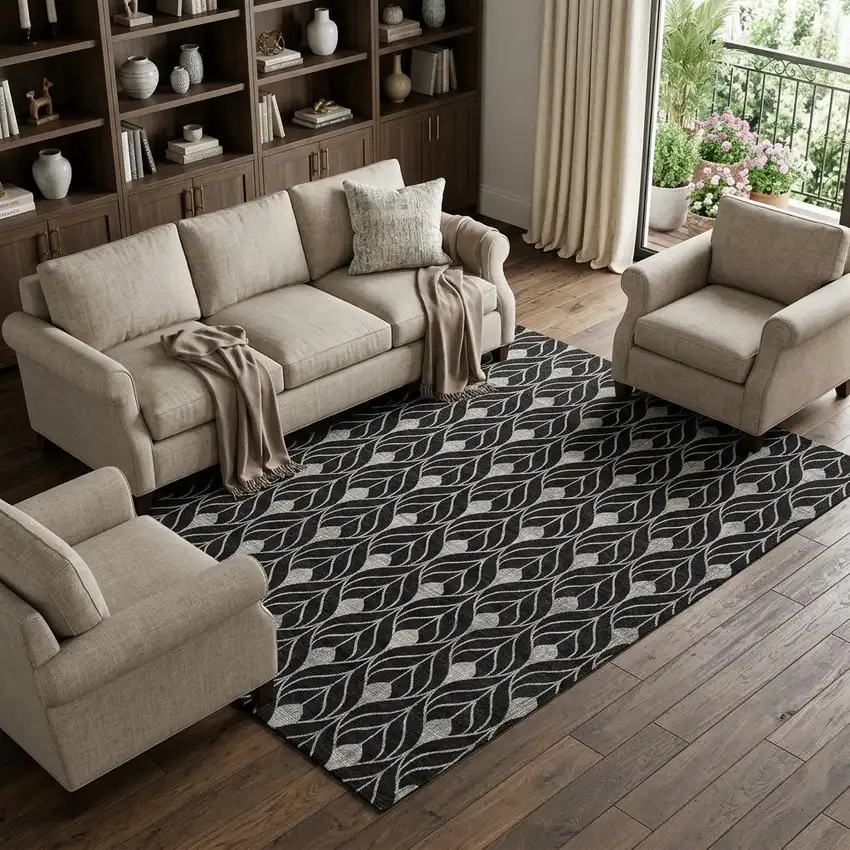 Black And Gray Geometric Washable Area Rug With UV Protection Photo 1
