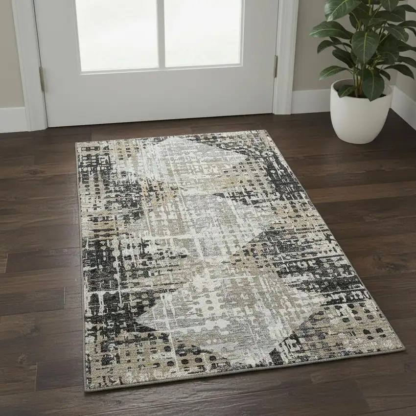 Black And Gray Geometric Washable Area Rug With UV Protection Photo 2