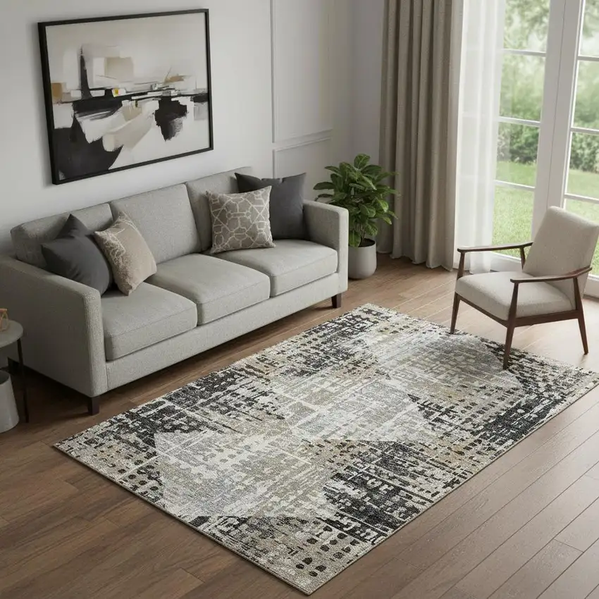 Black And Gray Geometric Washable Area Rug With UV Protection Photo 2