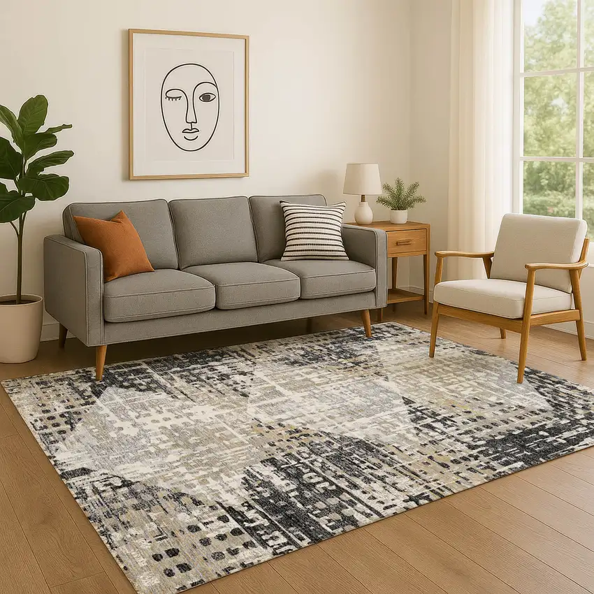 Black And Gray Geometric Washable Area Rug With UV Protection Photo 5