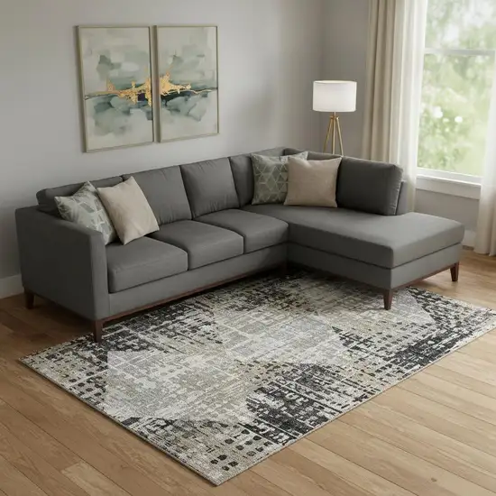 Black And Gray Geometric Washable Area Rug With UV Protection Photo 2