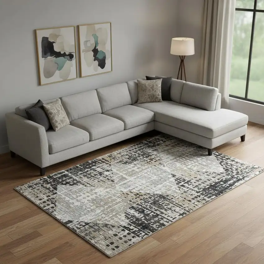 Black And Gray Geometric Washable Area Rug With UV Protection Photo 2