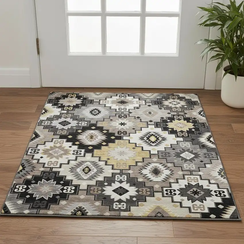 Black And Gray Geometric Washable Area Rug With UV Protection Photo 2