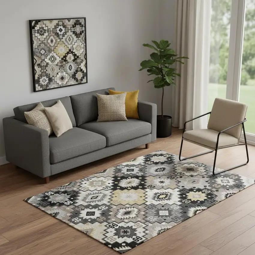 Black And Gray Geometric Washable Area Rug With UV Protection Photo 2