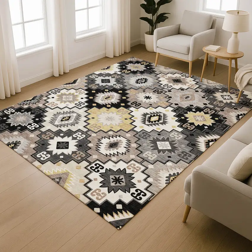 Black And Gray Geometric Washable Area Rug With UV Protection Photo 6