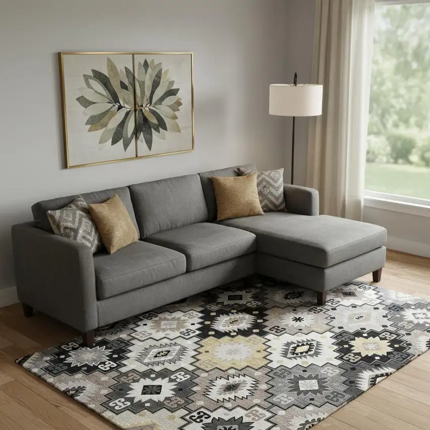 Black And Gray Geometric Washable Area Rug With UV Protection Photo 2